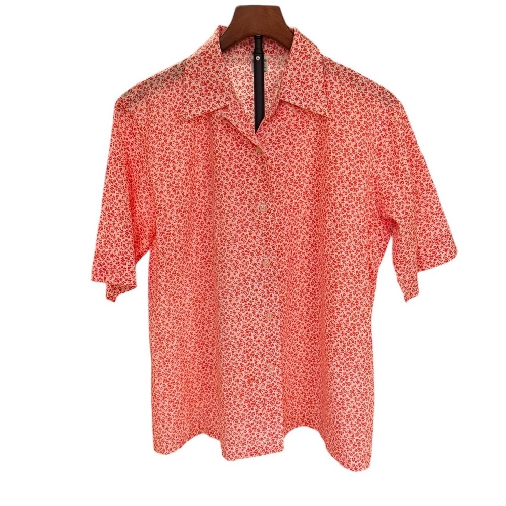 Vtg 70s Miss K Red White Ditsy Floral Button Up Short Sleeve Shirt Kmart 40 XL